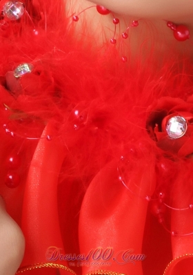 Red Organza Headpiece with Imitation Feather Rhinestones