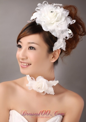 Exquisite White Organza Headpiece with Ribbon Flowers