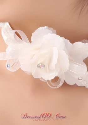 Exquisite White Organza Headpiece with Ribbon Flowers