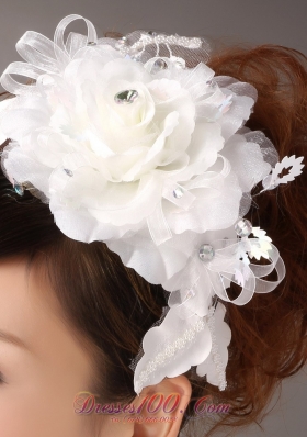 Exquisite White Organza Headpiece with Ribbon Flowers