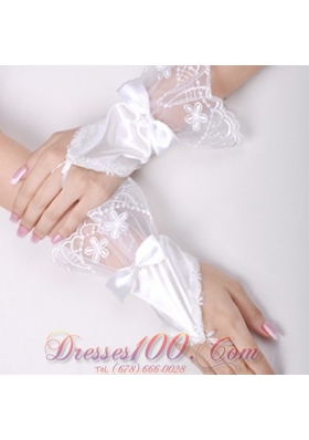 Bridal Gloves with Lace Bow Satin Fingerless Wrist Length