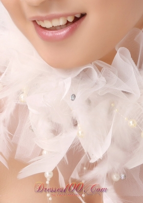 White Tulle and Feather Flower Imitation Pearls Headpiece