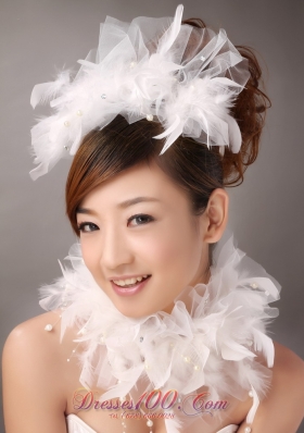 White Tulle and Feather Flower Imitation Pearls Headpiece