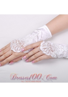 Wrist Length Satin Fingerless Bridal Gloves with Appliques