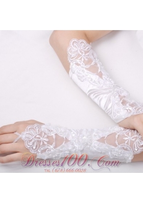 Bridal Gloves with Appliques Satin Fingerless Elbow Length