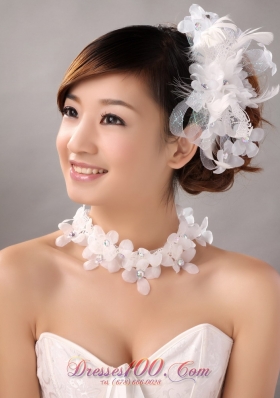 Feather Bridal Hair Piece White with Flowers and Tulle