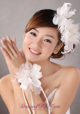 White Organza Flowers Feather Headpieces Wrist Corsage