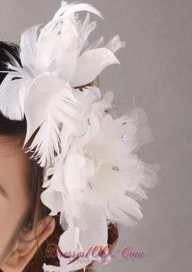 White Organza Flowers Feather Headpieces Wrist Corsage