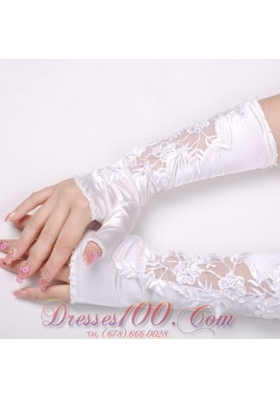 Bridal Gloves in Satin Fingerless with Lace Appliques