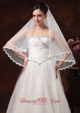 Organza Two Layers Wedding Veils with Pearl Trim Edge