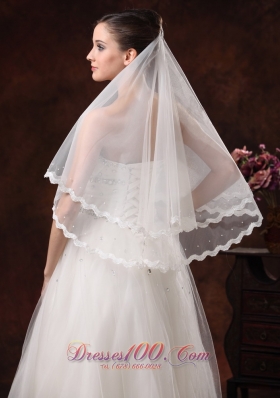 Organza Two Layers Wedding Veils with Pearl Trim Edge