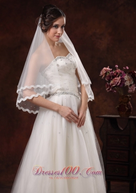 Organza Two Layers Wedding Veils with Pearl Trim Edge