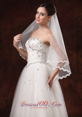 Organza Two Layers Wedding Veils with Pearl Trim Edge