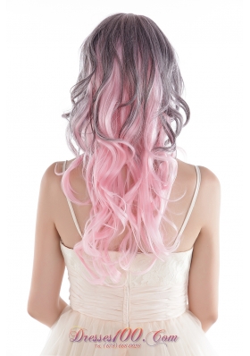 Curly Gray and Pink Long Synthetic Hair Wig