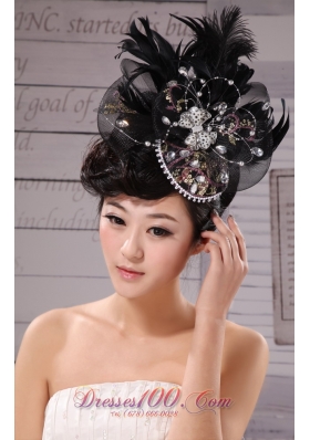 Black Outdoor and Wedding Hat Hairpin Feather Tulle