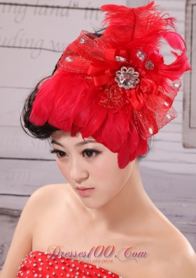 Feather Flower Red Chiffon Net Women Fascinator