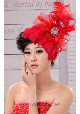 Feather Flower Red Chiffon Net Women Fascinator