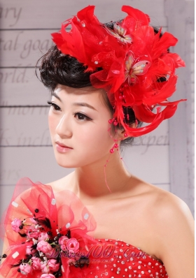 Feather With Beading Taffeta Red Bow For Headpieces