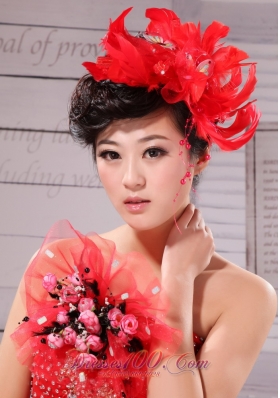 Feather With Beading Taffeta Red Bow For Headpieces