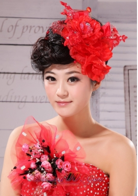 Red Taffeta Tulle For Headpieces With Beading