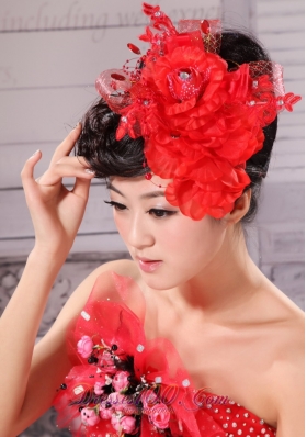 Red Taffeta Tulle For Headpieces With Beading