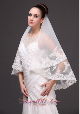 Two Layers Drop Bridal Veils Lace Applique Edge