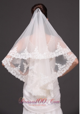 Two Layers Drop Bridal Veils Lace Applique Edge