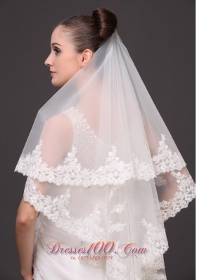 Two Layers Drop Bridal Veils Lace Applique Edge