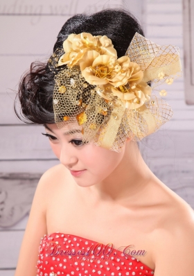 Gold Taffeta Beading Tulle Headpieces Hand Flower