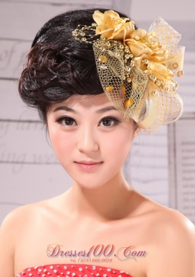 Gold Taffeta Beading Tulle Headpieces Hand Flower