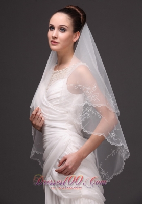 Embroidery Tulle Drop Bridal Veils For Wedding Two-tier