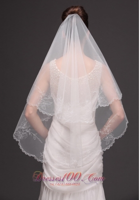 Embroidery Tulle Drop Bridal Veils For Wedding Two-tier