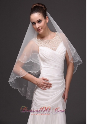 Embroidery Tulle Drop Bridal Veils For Wedding Two-tier