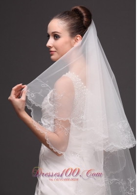 Embroidery Tulle Drop Bridal Veils For Wedding Two-tier