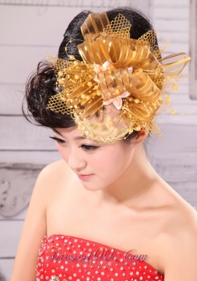 Princess Beading Bride Headdress Gold Tulle Organza