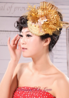 Princess Beading Bride Headdress Gold Tulle Organza