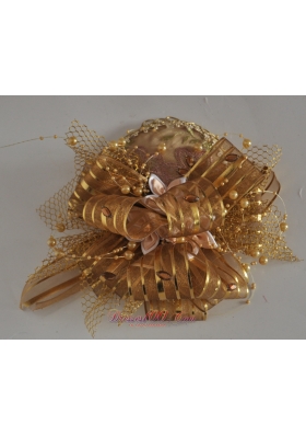 Princess Beading Bride Headdress Gold Tulle Organza