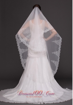 Lace Applique Edge Tulle Bridal Veil For Wedding