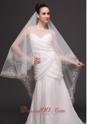 Two-tiers Oval Beading Trim Edge Veil For Wedding