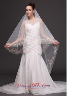 Two-tiers Oval Beading Trim Edge Veil For Wedding