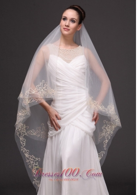 Two-tiers Oval Beading Trim Edge Veil For Wedding