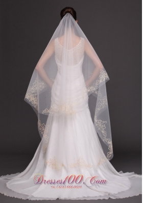 Two-tiers Oval Beading Trim Edge Veil For Wedding