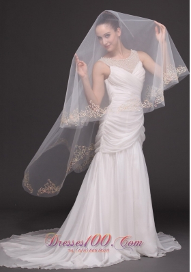 Two-tiers Oval Beading Trim Edge Veil For Wedding