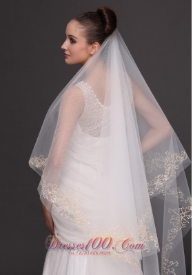 Two-tiers Oval Beading Trim Edge Veil For Wedding