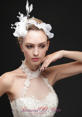 White Rhinestones Flower Bridal Fascinators With Feather
