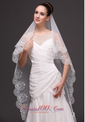 Lace Applique Edge Bridal Veils For Wedding Two-tier