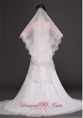 Lace Applique Edge Bridal Veils For Wedding Two-tier