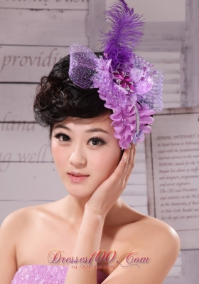 Feather Net Ribbon Pearl Lavender Bridal Headpiece