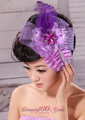 Feather Net Ribbon Pearl Lavender Bridal Headpiece