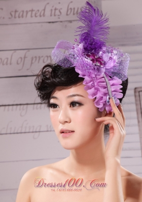 Feather Net Ribbon Pearl Lavender Bridal Headpiece